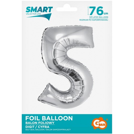 BALON FOLIOWY 76CM SREBRNY CYFRA 5 -zdjęcie numer 1