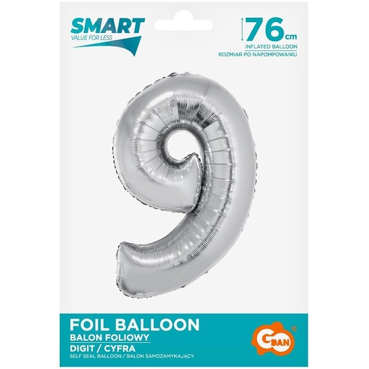 BALON FOLIOWY 76CM SREBRNY CYFRA 9 -zdjęcie numer 1