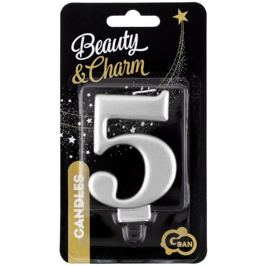 ŚWIECZKA CYFERKA SREBRNA "5" METALIK 8cm -zdjęcie numer 1