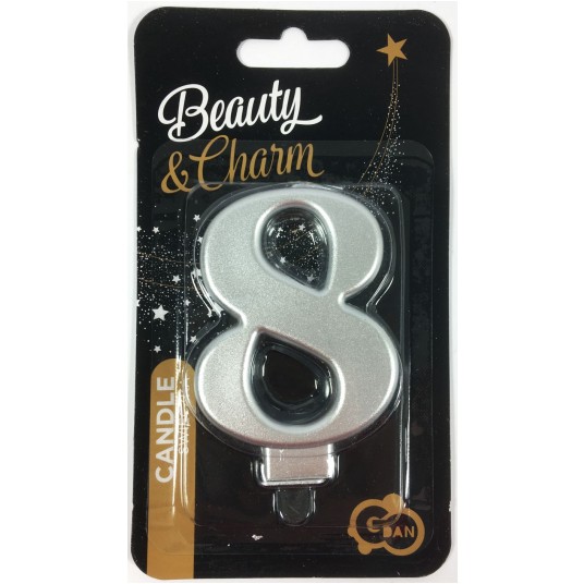 ŚWIECZKA CYFERKA SREBRNA "8" METALIK 8cm -zdjęcie numer 1