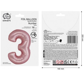 BALON FOLIOWY 76 CM RÓŻOWY JASNY CYFRA 3