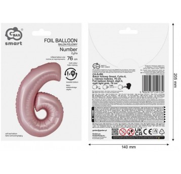 BALON FOLIOWY 76CM RÓŻOWY JASNY CYFRA 6