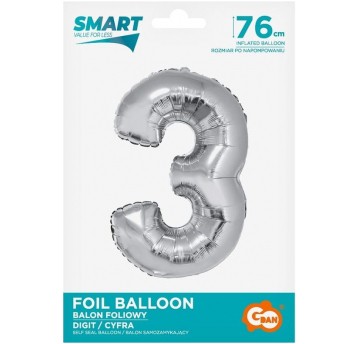 BALON FOLIOWY 76CM SREBRNY CYFRA 3
