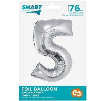 BALON FOLIOWY 76CM SREBRNY CYFRA 5