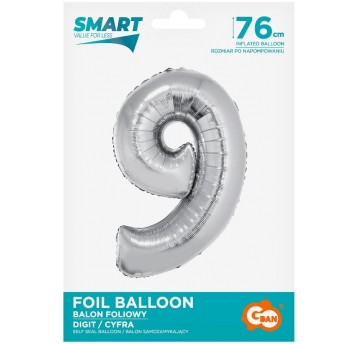 BALON FOLIOWY 76CM SREBRNY CYFRA 9