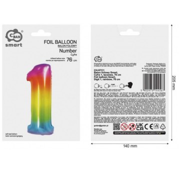 BALON FOLIOWY 76CM TĘCZOWY CYFRA 1