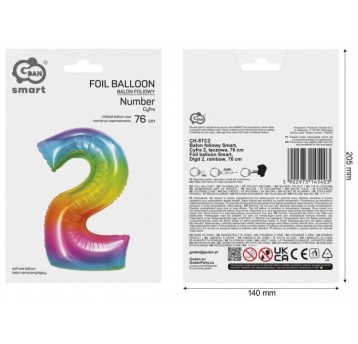 BALON FOLIOWY 76CM TĘCZOWY CYFRA 2