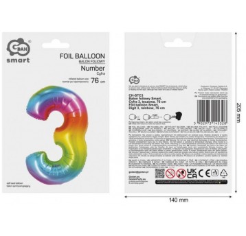 BALON FOLIOWY 76CM TĘCZOWY CYFRA 3