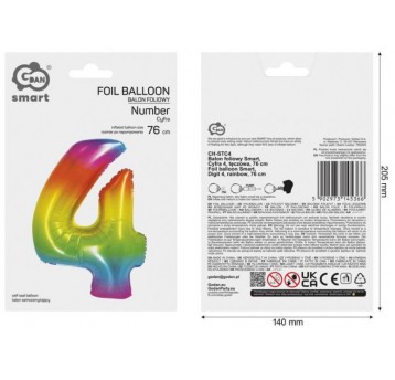 BALON FOLIOWY 76CM TĘCZOWY CYFRA 4