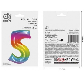 BALON FOLIOWY 76CM TĘCZOWY CYFRA 5