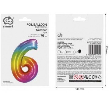 BALON FOLIOWY 76CM TĘCZOWY CYFRA 6