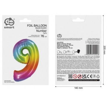 BALON FOLIOWY 76CM TĘCZOWY CYFRA 9