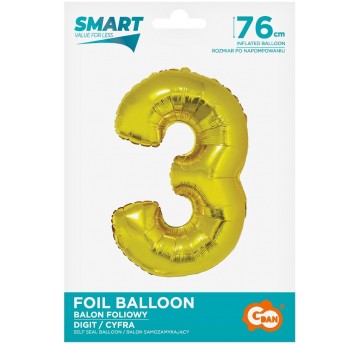 BALON FOLIOWY 76CM ZŁOTY CYFRA 3