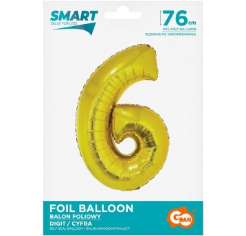 BALON FOLIOWY 76CM ZŁOTY CYFRA 6
