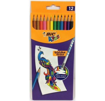 KREDKI OŁÓWKOWE 12 KOLORÓW ŚCIERALNE BIC