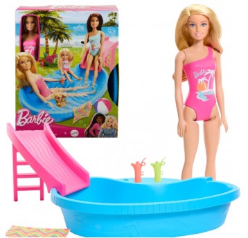 LALKA BARBIE ZESTAW Z BASENEM I ZJEŻDŻALNIĄ HRJ74