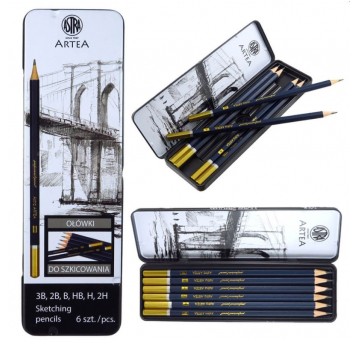 OŁÓWKI DO SZKICOWANIA 6 SZT 2H-3B METAL BOX ASTRA