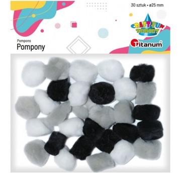 POMPONY MIX SZARE BIAŁE CZARNE 25MM 30 SZT.