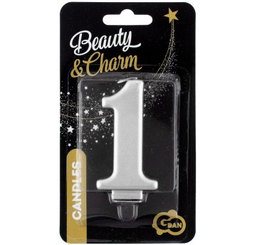 ŚWIECZKA CYFERKA SREBRNA "1" METALIK 8cm