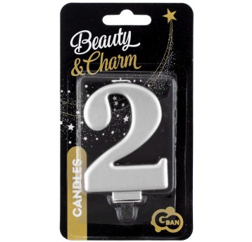 ŚWIECZKA CYFERKA SREBRNA "2" METALIK 8cm