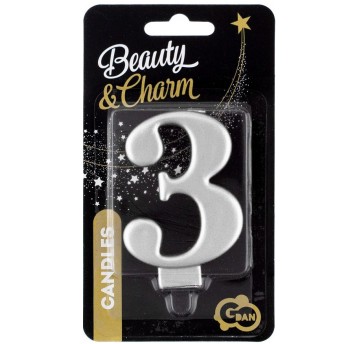 ŚWIECZKA CYFERKA SREBRNA "3" METALIK 8cm