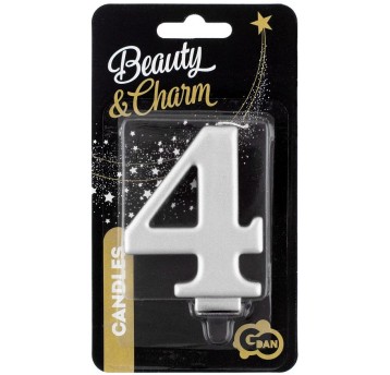 ŚWIECZKA CYFERKA SREBRNA "4" METALIK 8cm