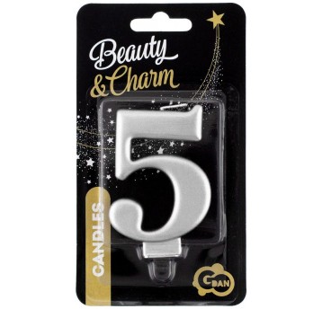 ŚWIECZKA CYFERKA SREBRNA "5" METALIK 8cm