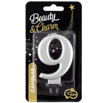 ŚWIECZKA CYFERKA SREBRNA "9" METALIK 8cm