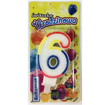 ŚWIECZKA URODZINOWA BROKATOWA "6"