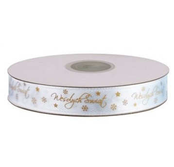 WSTĄŻKA SATYNOWA 12mm WESOŁYCH ŚWIĄT BIAŁA