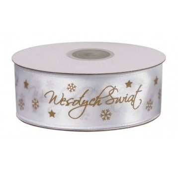 WSTĄŻKA SATYNOWA 25mm WESOŁYCH ŚWIĄT BIAŁA
