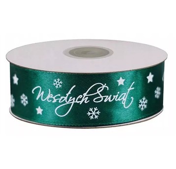 WSTĄŻKA SATYNOWA 25mm WESOŁYCH ŚWIĄT ZIELONA