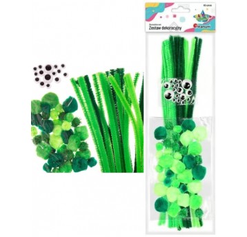 ZESTAW DRUCIKI, POMPONY ZIELONE + OCZY