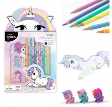 ZESTAW OŁÓWEK, KREDKI, GUMKI 9 EL. UNICORN KIDEA